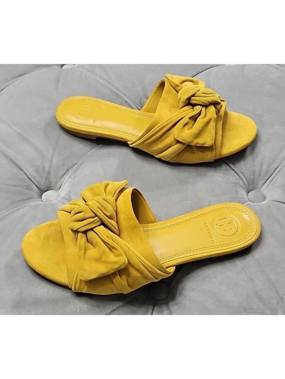 Tory Burch Annabelle Bow Slides Flats Sandals Yellow Suede Womens Shoes 5 M $258